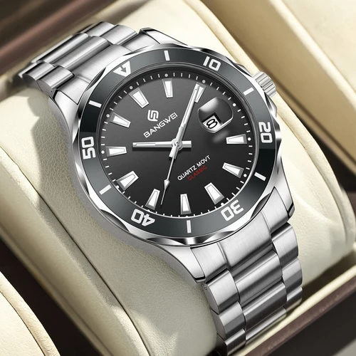 Imagen 2 del producto Reloj de cuarzo deportivo de lujo BANGWEI, relojes con calendario luminoso para hombre, reloj de pulsera resistente al agua de acero inoxidable, reloj Masculino