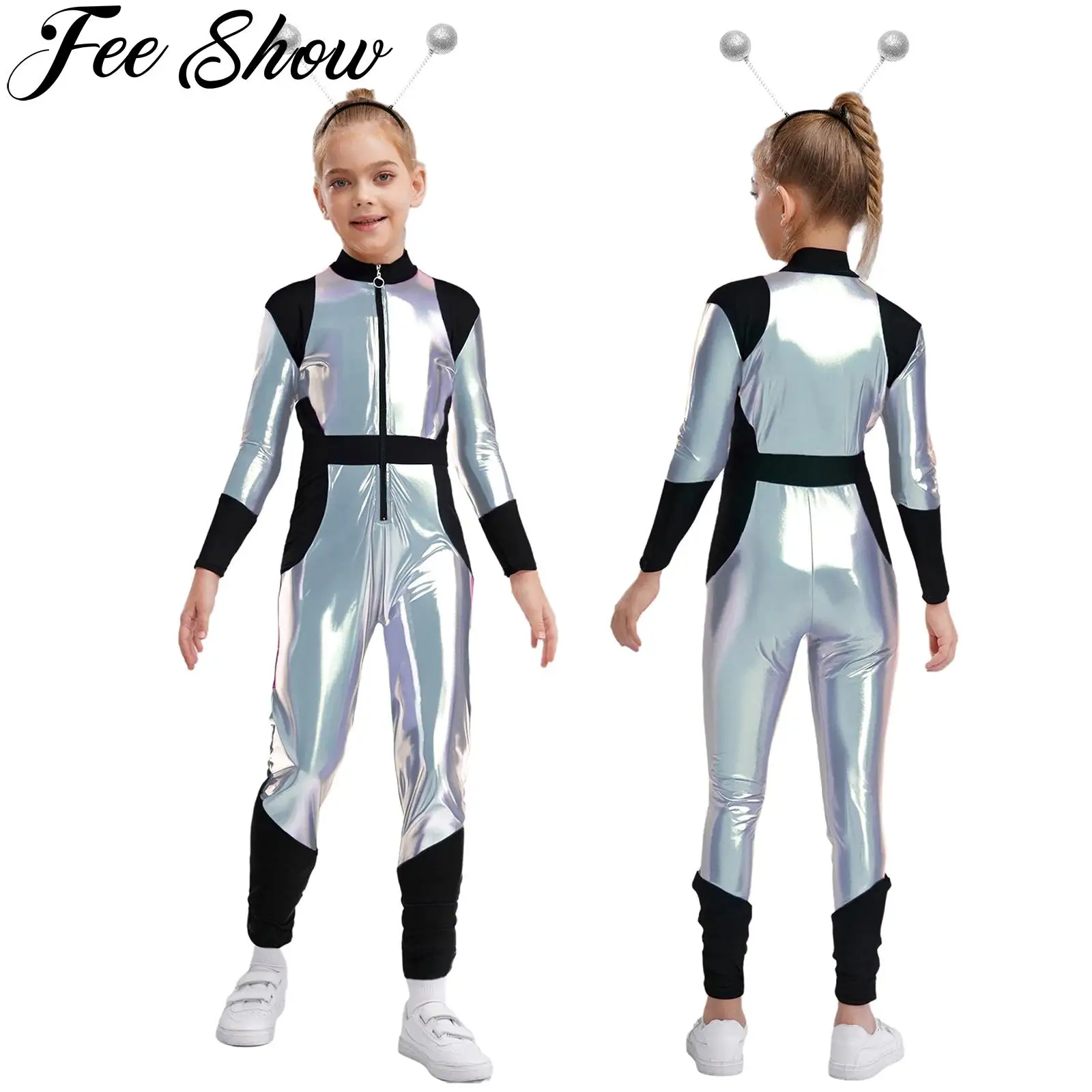 

Kids Girls Halloween Alien Robot Cosplay Outer Space Costume Long Sleeves Zipper Shiny Metallic Bodysuit with Alien Hair Hoop