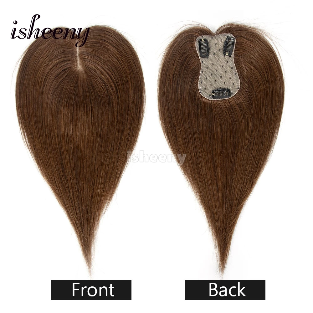 Isheeny 7x11cm Brown Human Hair Topper 8-14 Inches Natural Seamless Scalp Hair Pieces No Bangs Middle Part for Women