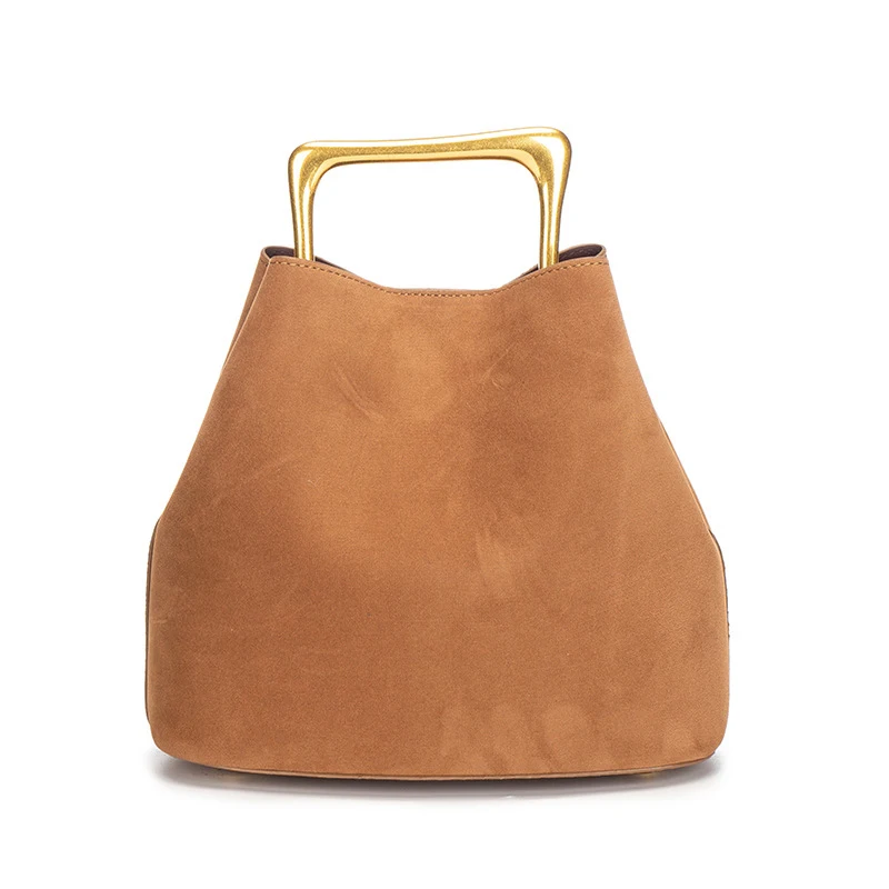 

New Retro Fashion Suede Handbag Casual Simple Large Capacity Shoulder Crossbody Bag Brand Design Metal Handle Women's Bucket Bag