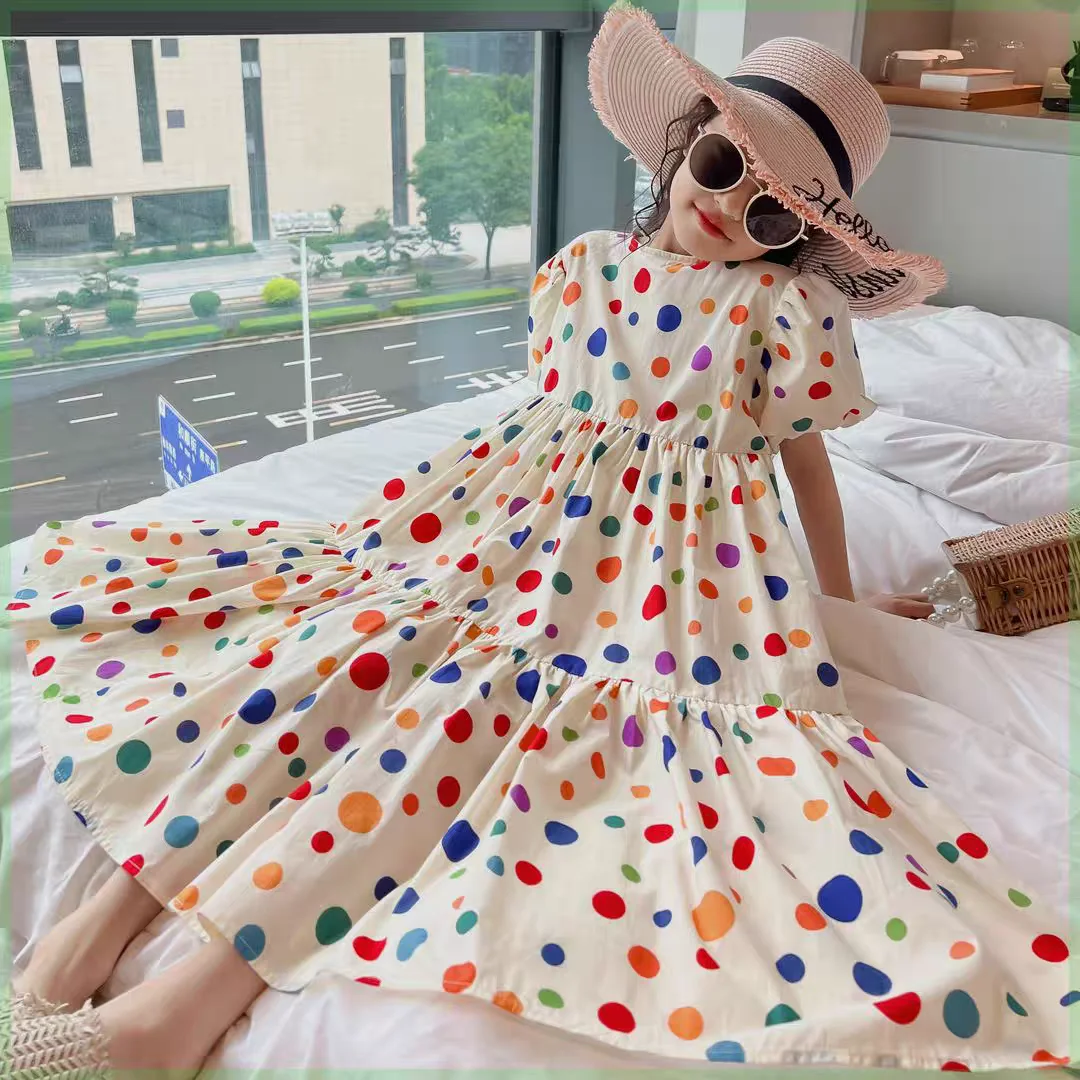 children Polka Dot Print Round neck  Dress, Elegant puff sleeve Dress Belted Dress For Summer girls A-line dress kid Clothing