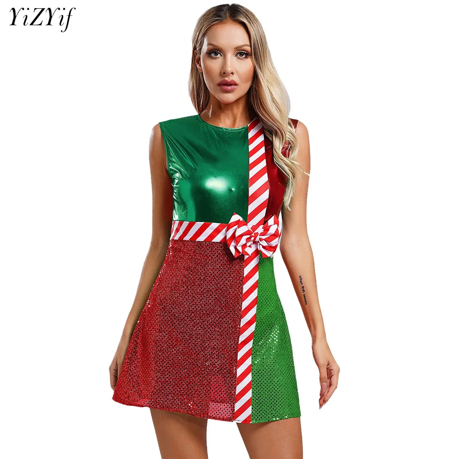 

Women Shiny Sequins Christmas Dance Dress Adults New Year Xmas Party Santa Claus Costumes Striped Bowknot Dance Costume