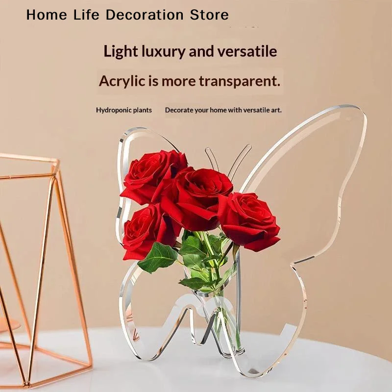 【H】Clear Acrylic Butterfly Shaped Vase High Transparent Finish For Home Hydroponic Flower Display Decor