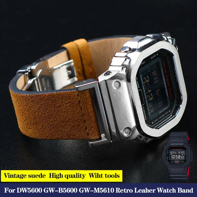 New Vintage Leather Watchbands For G-SHOCK Casio DW-5600 GW-B5600 GW-M5610 DW5600 Retro Suede Fluff Watch Bracelet Brown Strap