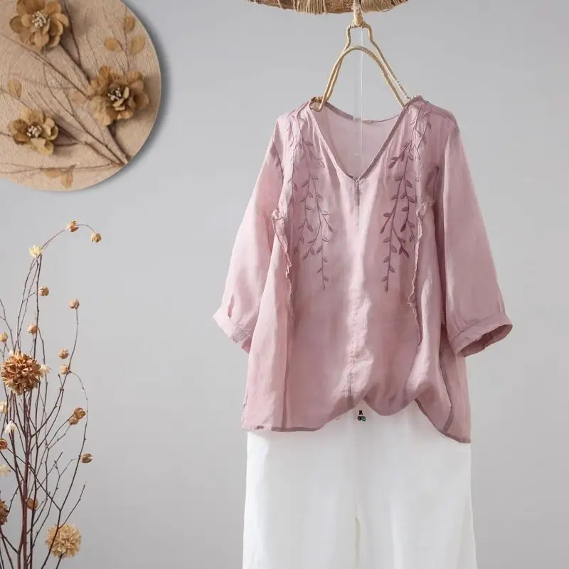 Cotton and Linen Female Embroidery Summer Loose Temperament Vintage Solid Color Shirt Thin Style All-match V-neck Patchwork Tops