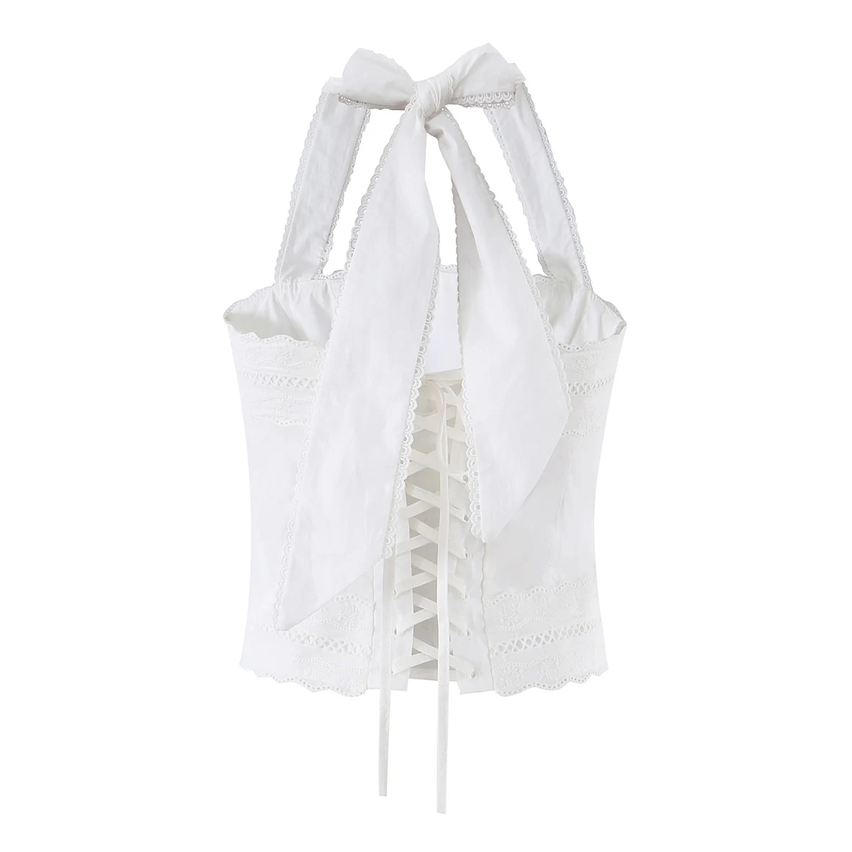 Sexy White Spliced Lace Strap Tie Bow Halter Tank Top Girl Corset Women Cross Lacing Up Bandage Back Backless Tee Summer Vest
