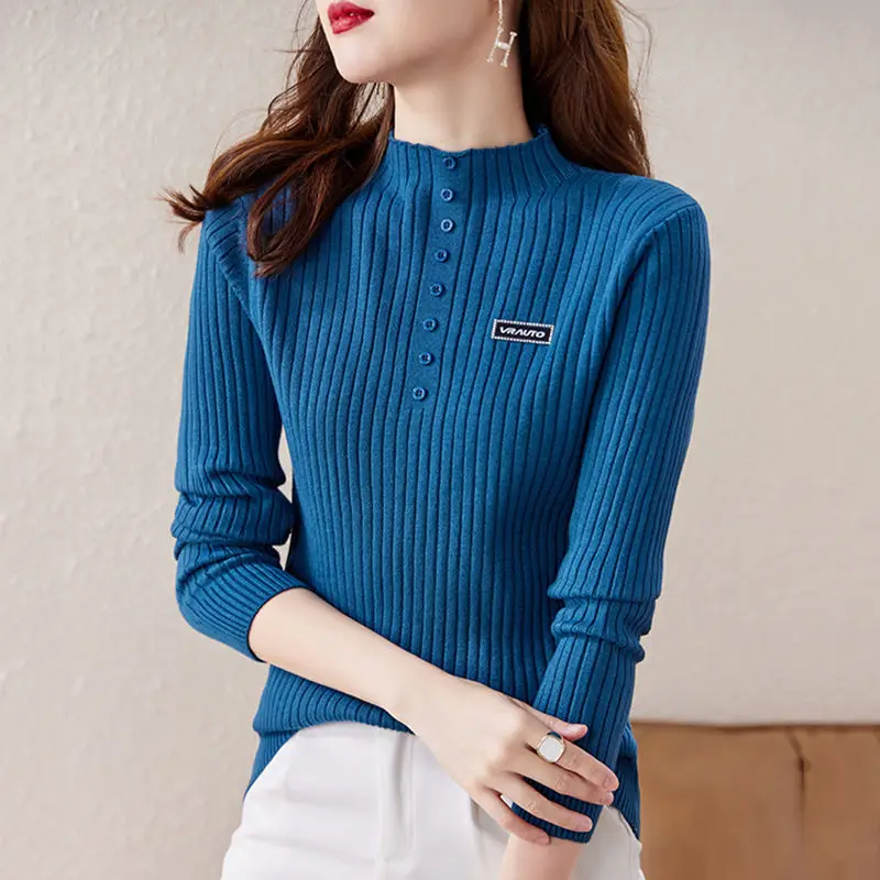 Autumn Winter New Korean Simple Solid Half High Neck Sweater Women\'s Striped Button Patchwork Long Sleeved Pullovers Knit Top