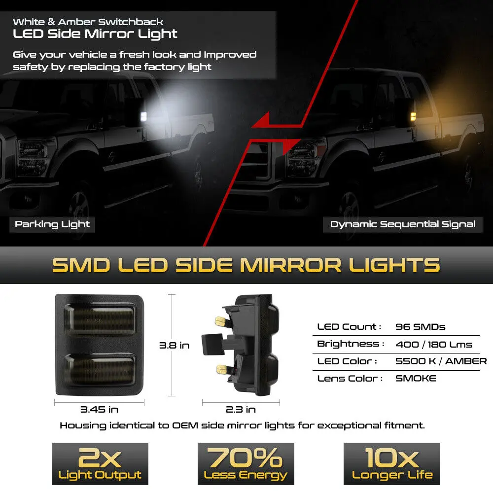 [DARK SMOKE] 08-16 Ford F250 F350 Lusterko boczne Switchback SMD LED Światła sygnalizacyjne