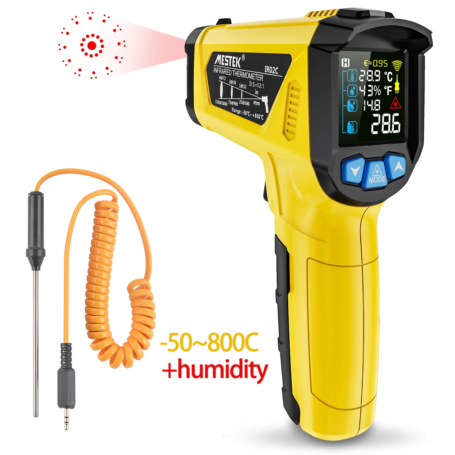 Mestek 800C Infrared Thermometer -50~800C Professional Digital IR-LCD Temperature Meter Non-contact Laser Thermometers Pyrometer