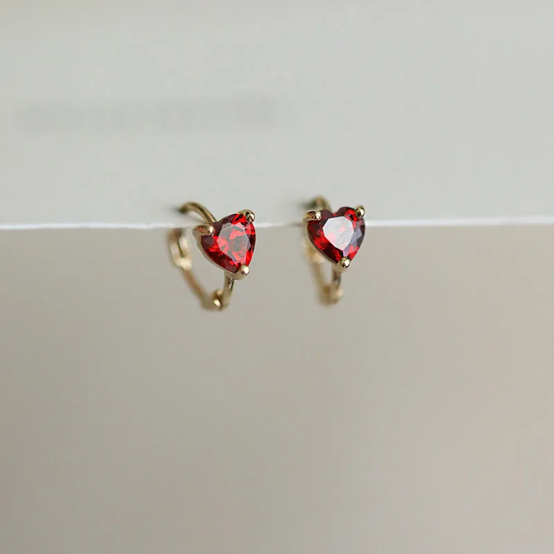 S925 Sterling Silver Red Heart Zircon Double Hoop Earrings Women's Vintage Fashion Jewelry Accessory Travel Anniversary Gift