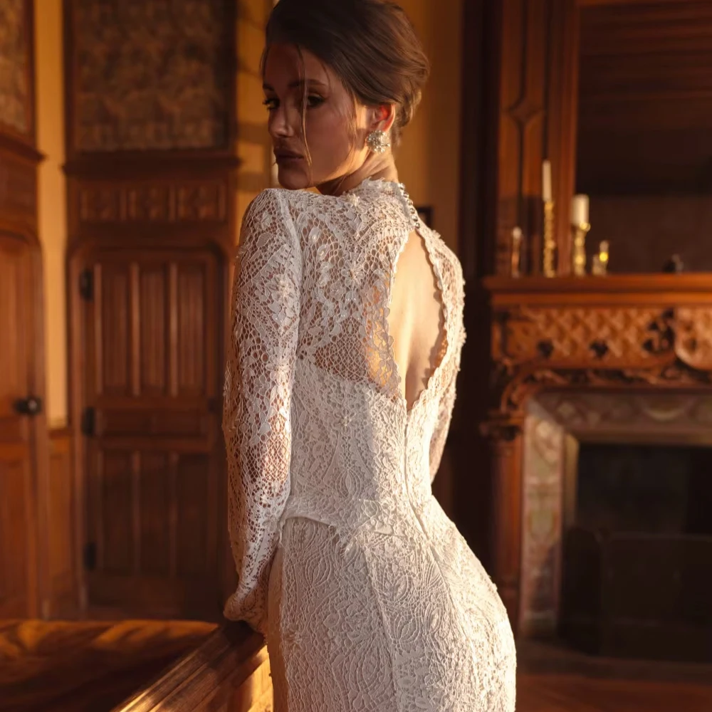 Customized New Arrival Beaded Lace Long Wedding Dress For Woman Bride Modest High Collar Graceful Mermaid Bridal Gown