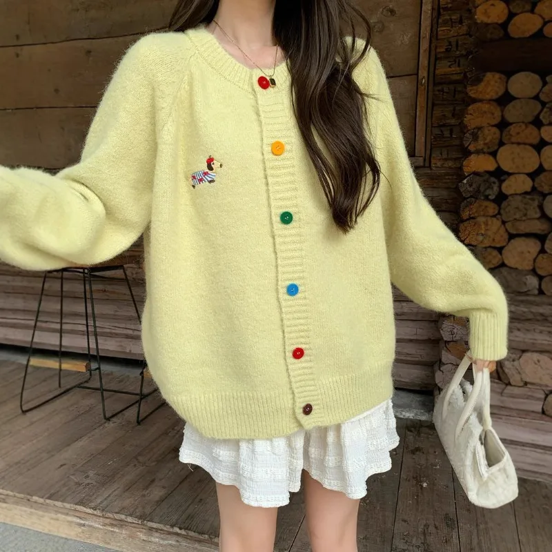 2026 Spring/Autumn/Winter Korean Fashion Sweet Round Neck Color Buckle Dog Pattern Long Sleeve Sweater Coat Top Cardigan view 4