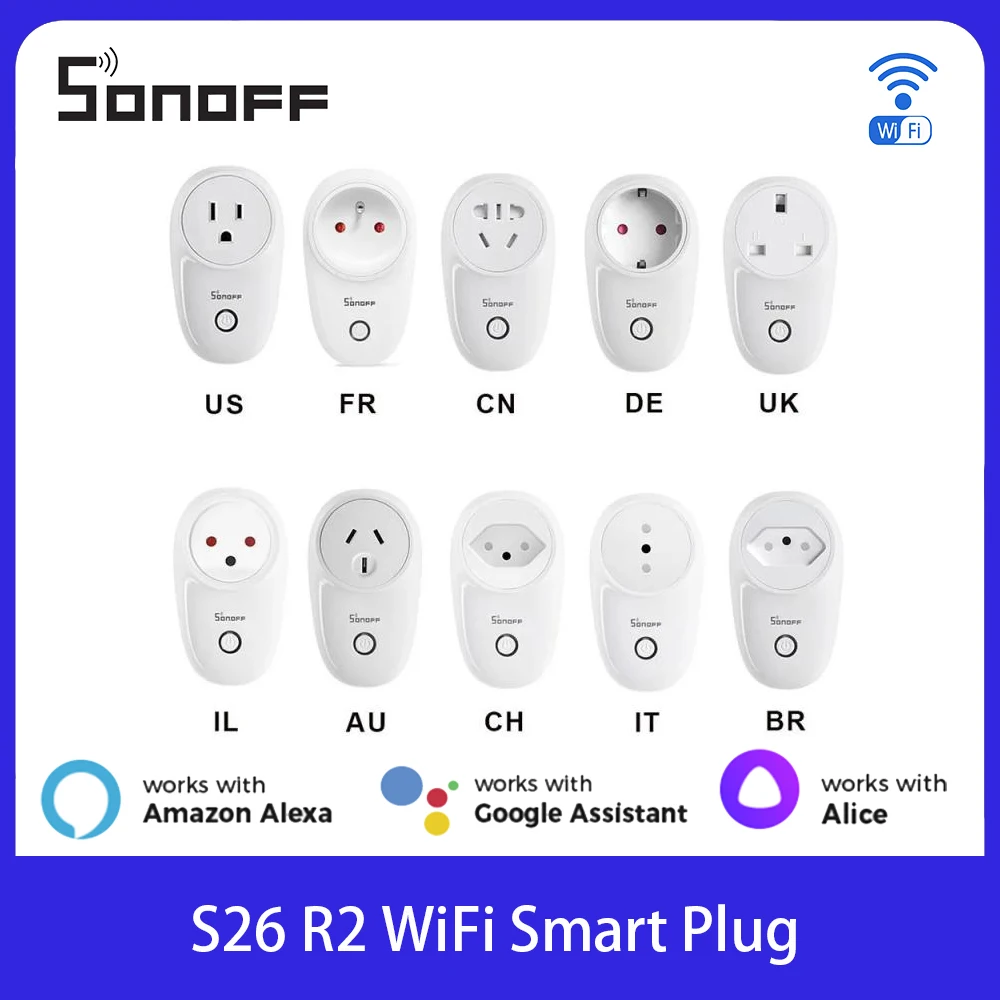 1-4pcs Sonoff S26R2 WiFi Smart Plug Wireless Smart Socket Switch Timing Smart Voice Remote Control Via EWeLink Google Alexa