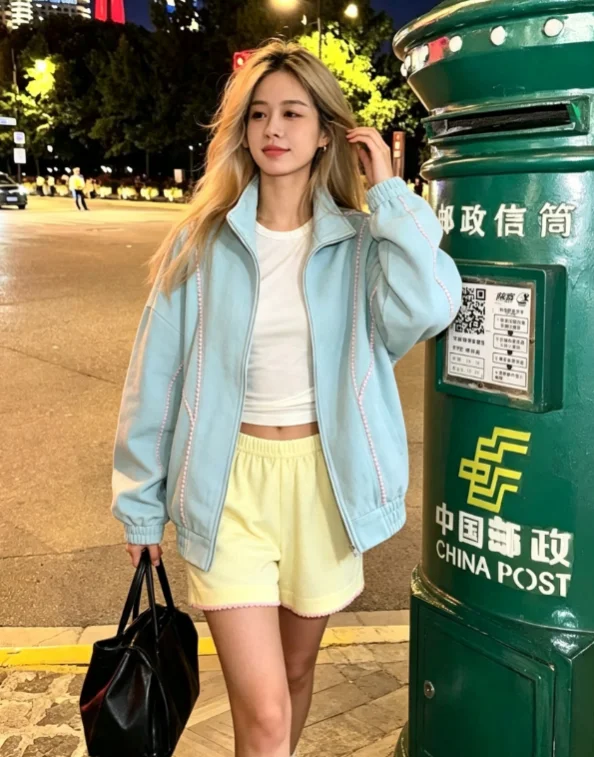 Women Light Blue Pom Pom Zip Jacket Yellow Shorts Set Stand Collar Long Sleeve Loose Loungewear 2026  Daily Casual Street Attire