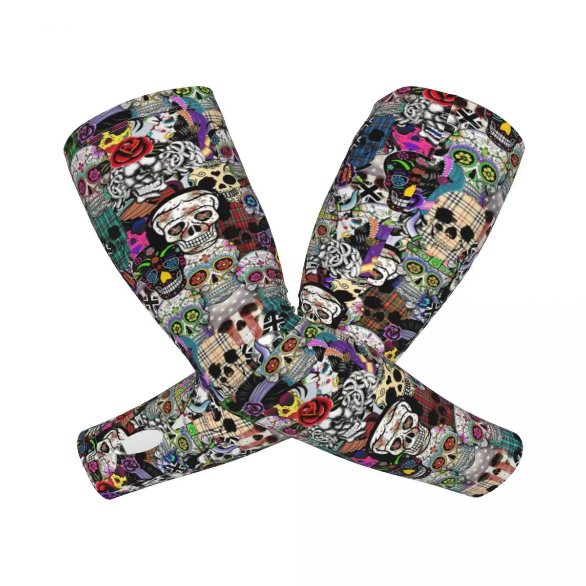 Mexican Day Of The Dead Skull Cooling Arm Sleeves for Women Men Halloween Fishing Cycling Driving Tattoo Cover Up