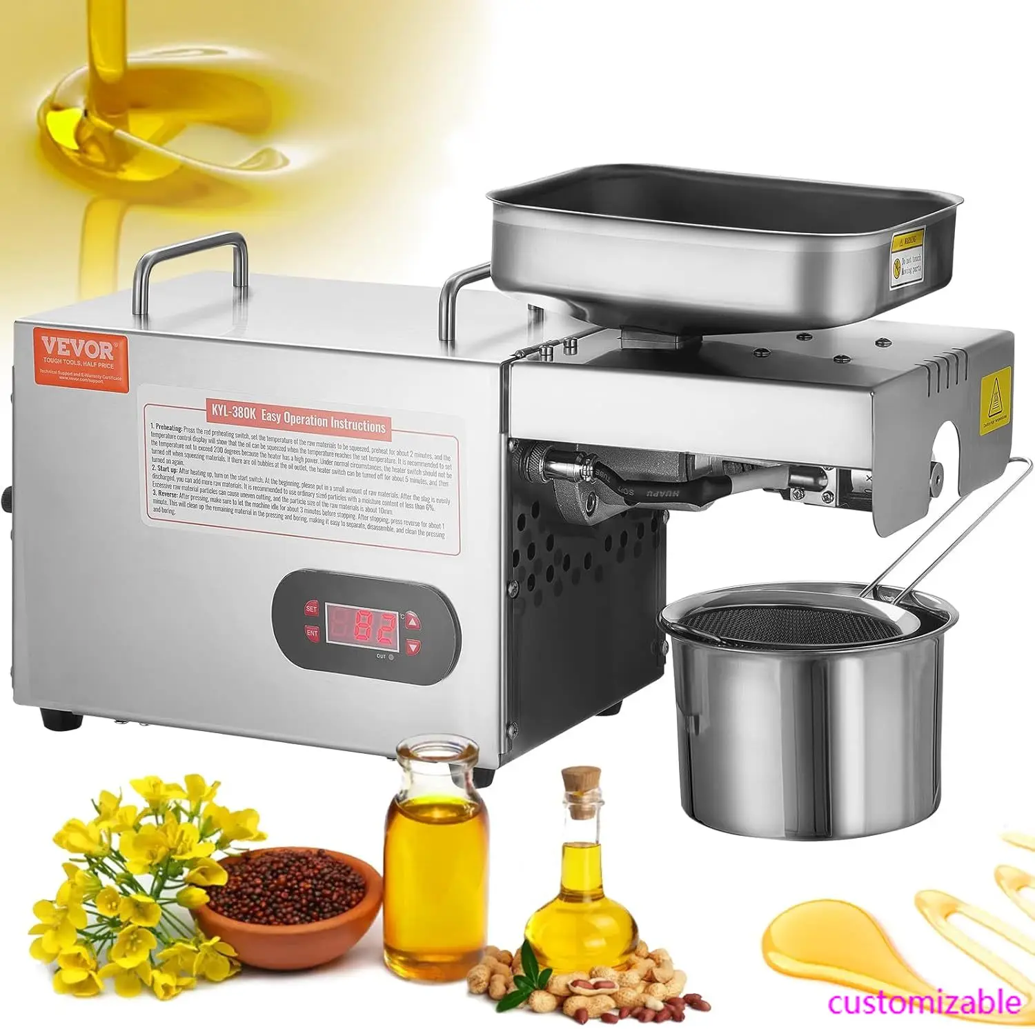 

Electric Oil Press Machine, 850W Stainless Steel Oil Extractor Machine, 0-300℃ / 32-572 ℉ Adjustable Temperature, Hot Press Oil