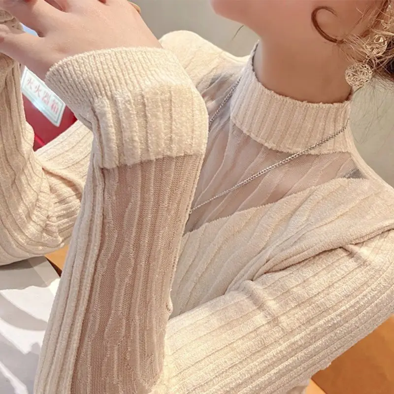 2023 Autumn/Winter New Lace Half High Neck Long Sleeve Underlay Solid Color Comfortable Leisure Office Lady Slim Knit Top