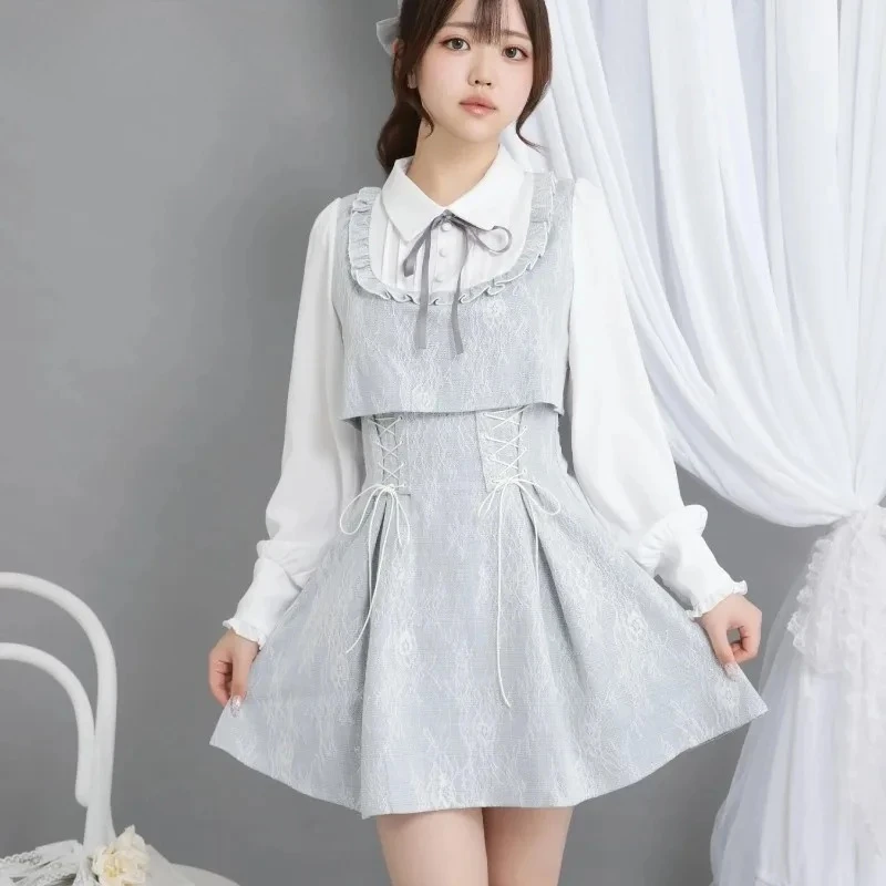 Robe en dentelle pour filles, nouvelle collection automne hiver, polyvalente, douce, chemise épissure, faux deux pièces, frais, taille haute, Slim, manches longues