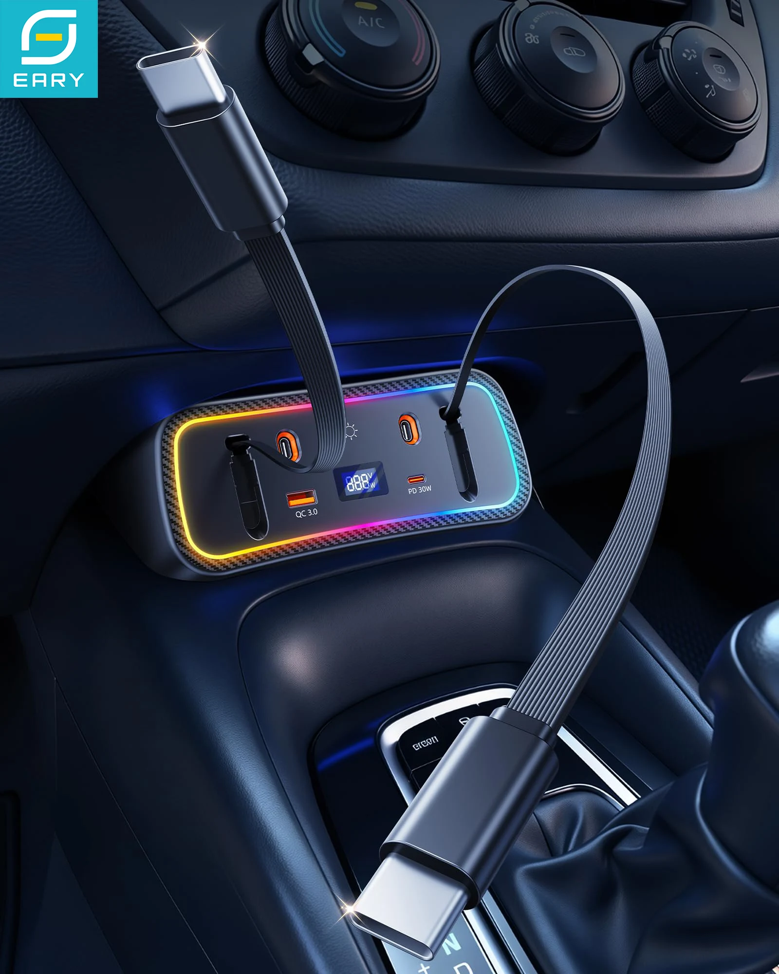 Eary Car Fast Charger Usb Hub with RGB Light for Toyota Corolla 2026-2020 Accessories 4-Port Docking Station & Retractable Cable