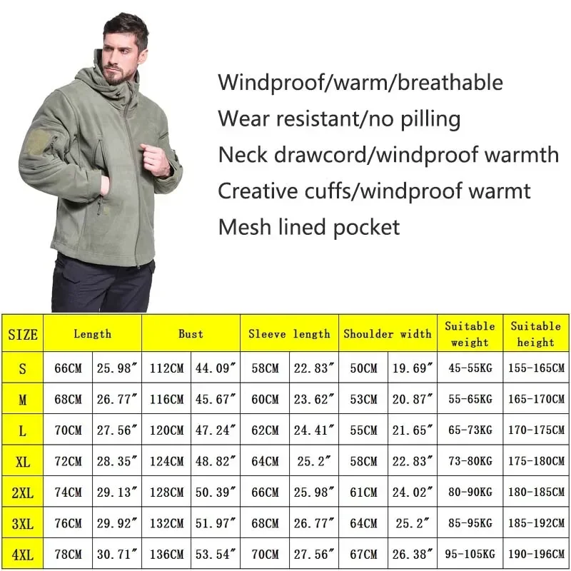 Winter Fleece Jacket with Hoodie Mens Tactical Jackets Man Full-Zip Up Outdoor Camping Windproof Hooded Warm US Army Work Coat