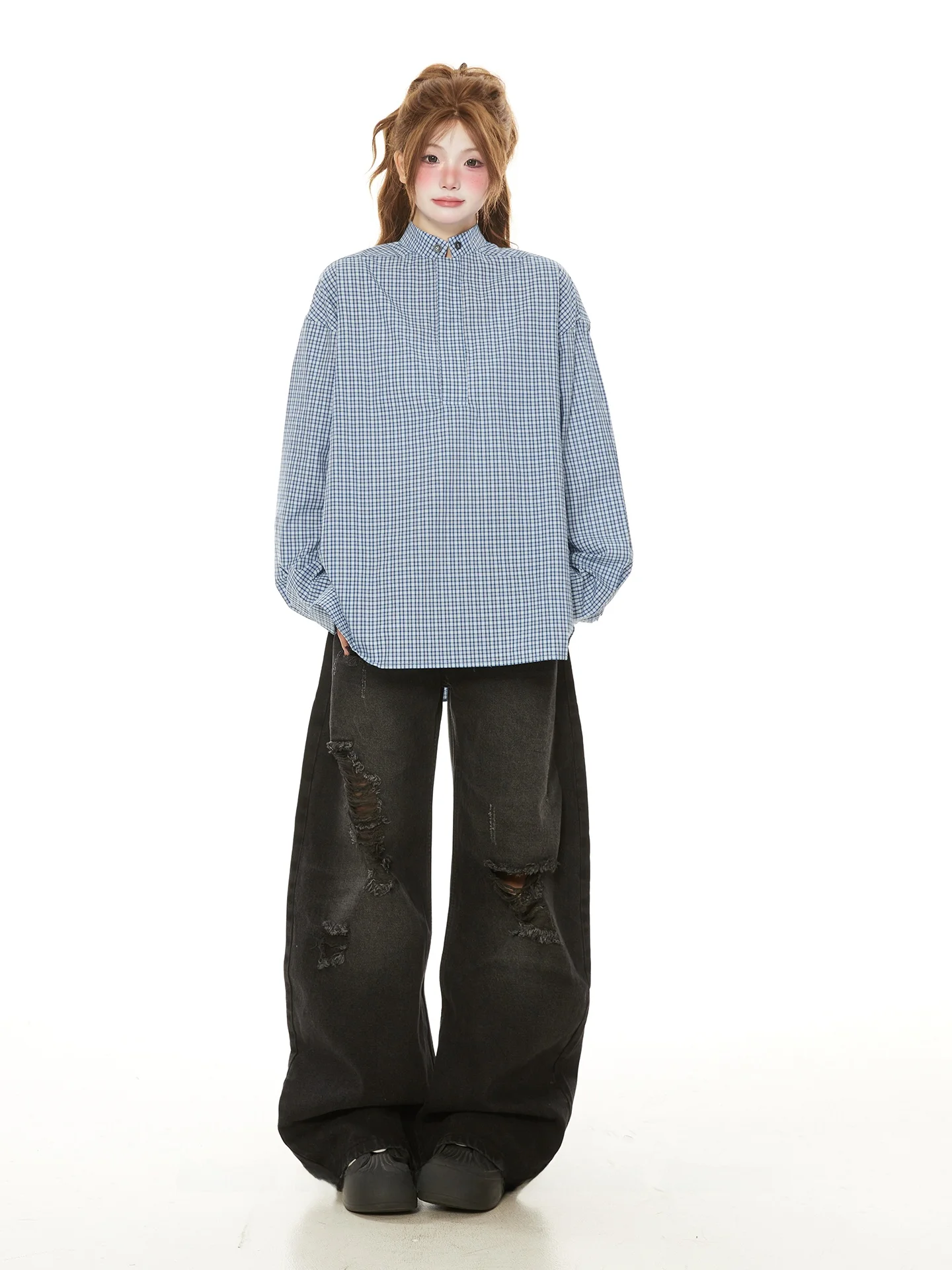 New Chinese Style Plaid Shirt Women's Autumn 2026 American Retro Loose Casual Overhead Cotton Button up Fashionable