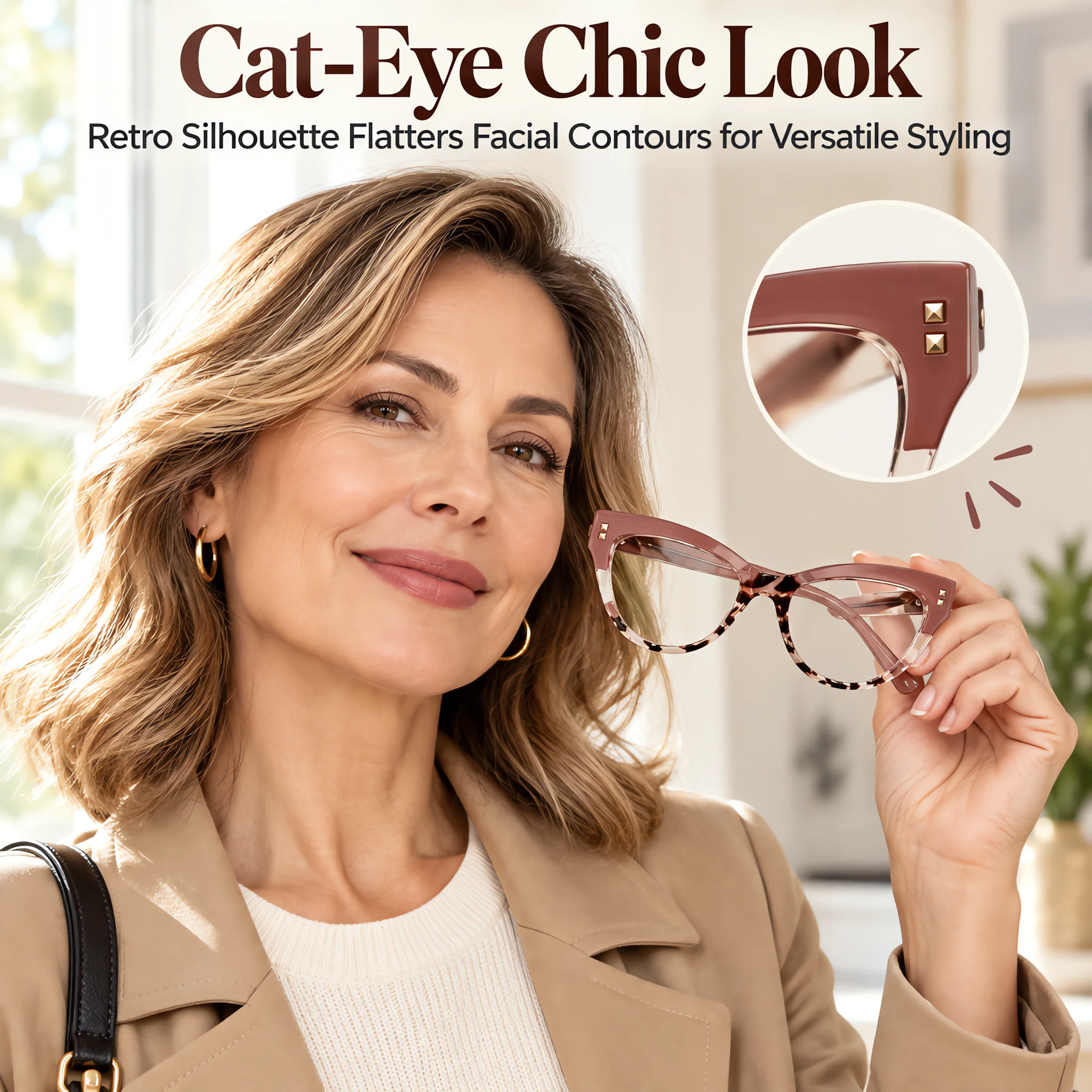 3Pcs Women Cat Eye Reading Glasses Rivet Decor Oversized Blue Light Blocking Reading Glasses Set