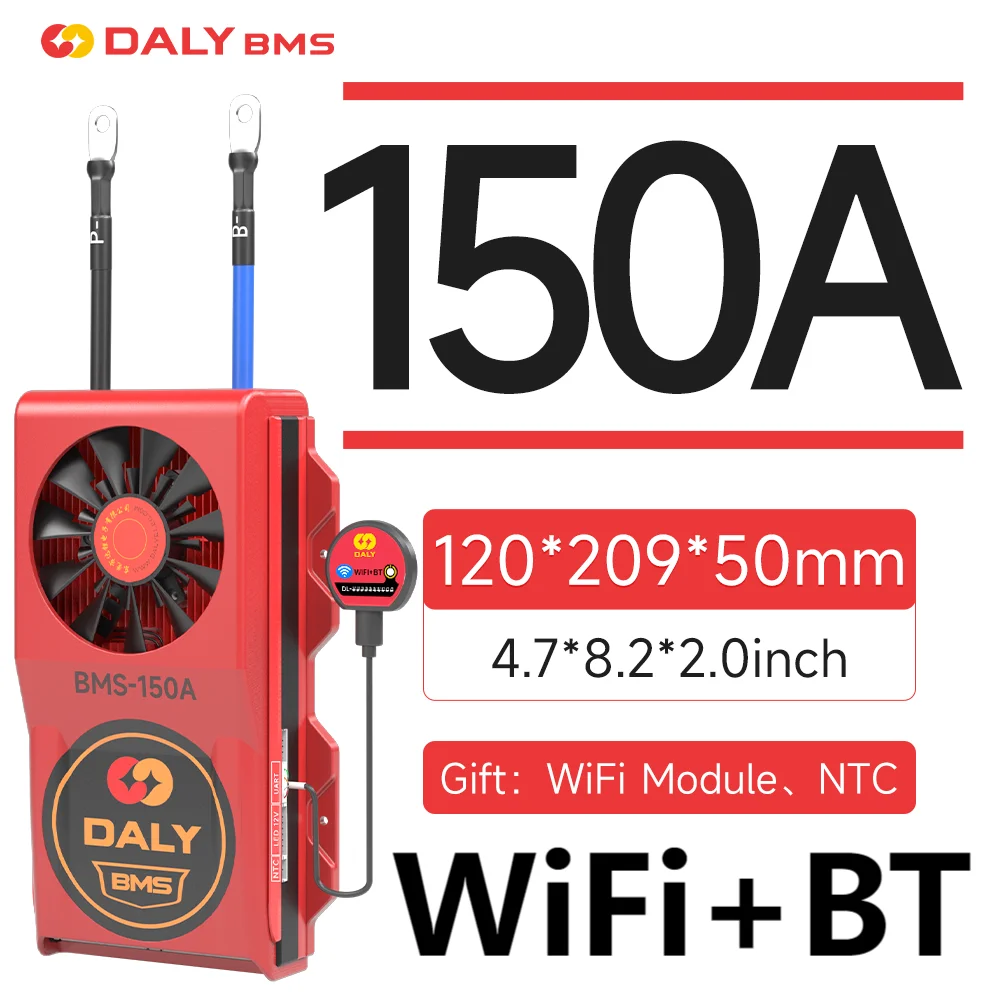 150A DALYBMS Best WiFi Bluetooth application Lifepo4 12V 24V with passive balancer Cooling fan for lithium battery pack