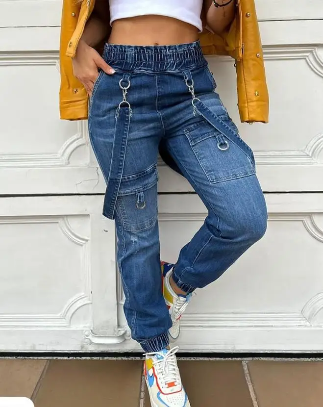 

Women's Jeans Jumpsuit 2024 Spring Summer Latest Chic O-Ring Decor Pocket Design Denim Overall Suspender Romper Bodysuit