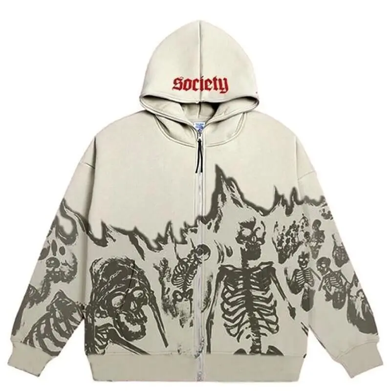 Anime Skull Pattern Men\'s Hoodies Y2K Streetwear Retro Gothic Blast Print Sweatshirt Men Harajuku Zipper Cardigan Hoodie