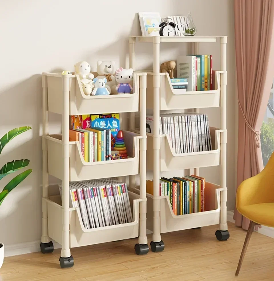 Portable Bookshelf With Wheels Trolley Kitchen Storage Rack Living Room Mobile Display Cabinet Corner Movable Bookshelf