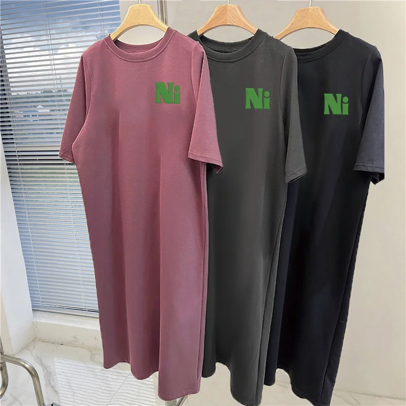 

Summer Casual T-shirt Dress Women Loose Short Sleeve Maxi Dress O-neck Split Hem Letter Print Cotton Loungewear