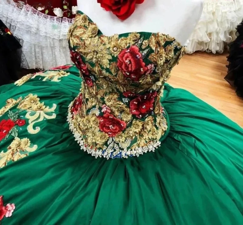 Vestidos de Quinceañera de Charro verde, vestido de baile, escote Corazón, apliques de cuentas, dulce mexicano, 16 vestidos, 15 años