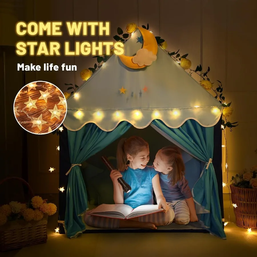 Tente de jeu bleue avec tapis et lumières étoiles pour tout-petits, maison de jeu intérieure, tente de princesse pour filles, maison de jouet, tissu cadeau