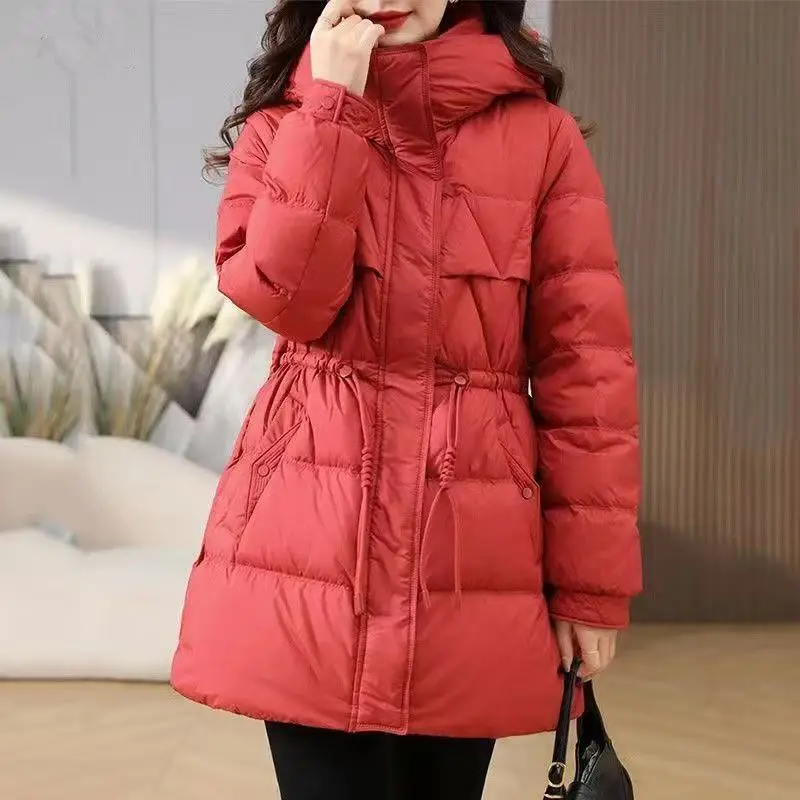

Women's Long Slimming 2025 Winter New Fashionable Thick Cotton Jacket With Waist Cinched Down Cotton Jacket Hooded Parka Jacket