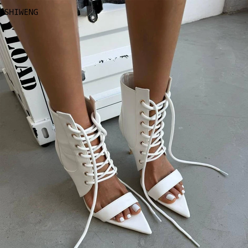 

2026 Spring/Summer New Lace Up Short Cool Boot Side Zipper Banquet Slim Fit High Heel Sexy Knee Length Women's Boots 44