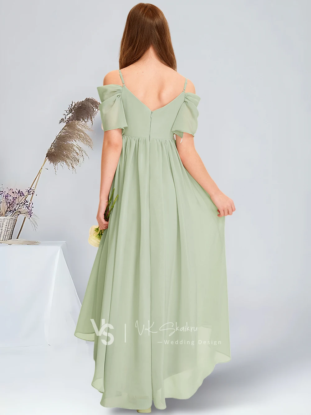 A-line Cold Shoulder Asymmetrical Chiffon Junior Bridesmaid Dress Celadon Flower Girl Dress for Wedding Party Dresses For Teens