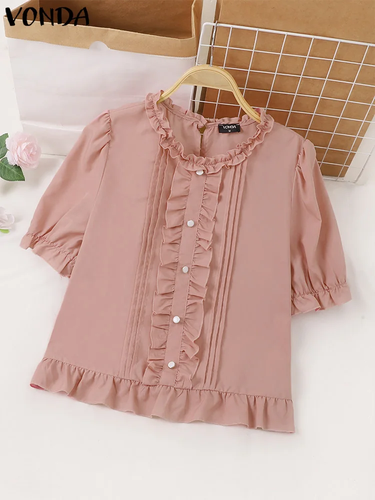 Vonda Frauen elegante gekräuselte Bluse kurze Puff ärmel Hemden 2024 Mode O-Ausschnitt Sommer Tunika Tops lässig lose Blusas Femininas