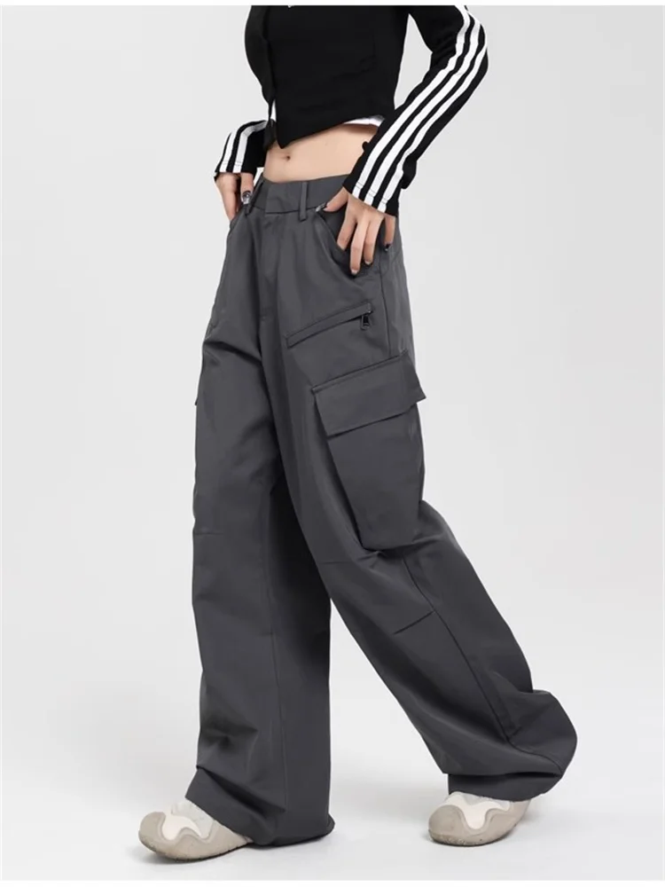 QWEEK Y2K Vintage Gray Cargo Pants Women Korean Fashion Wide Leg Trousers Oversized Streetwear Hip Hop Pleated Basic Pantalones