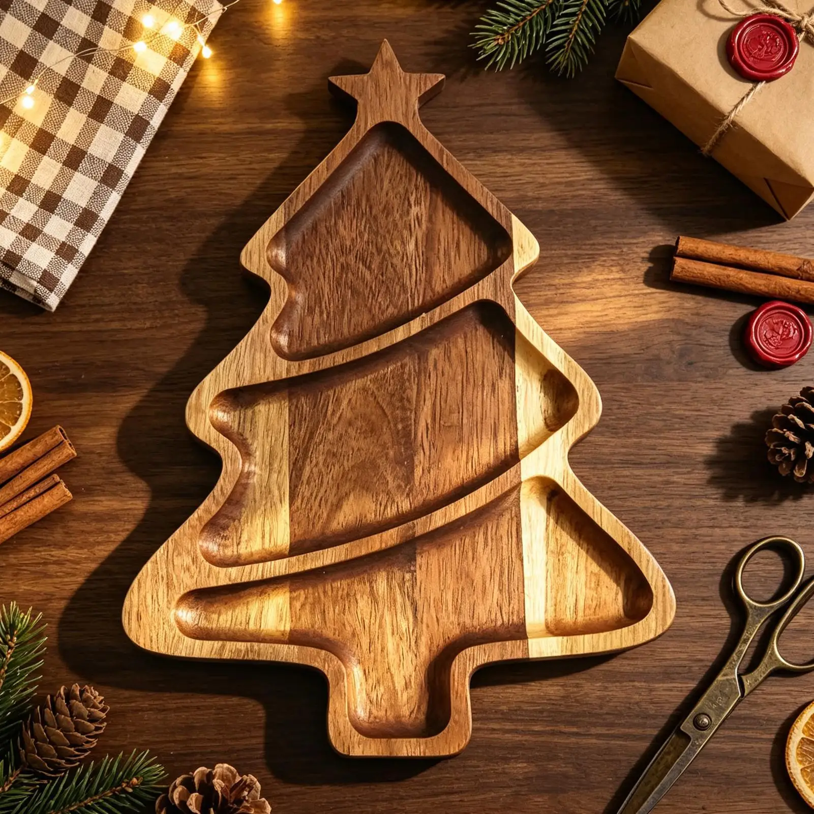 Wooden Christmas Serving Platter Tree Shape Food Tray Rustic Snack Board For Xmas Party Home Gathering Food Serving Supplies