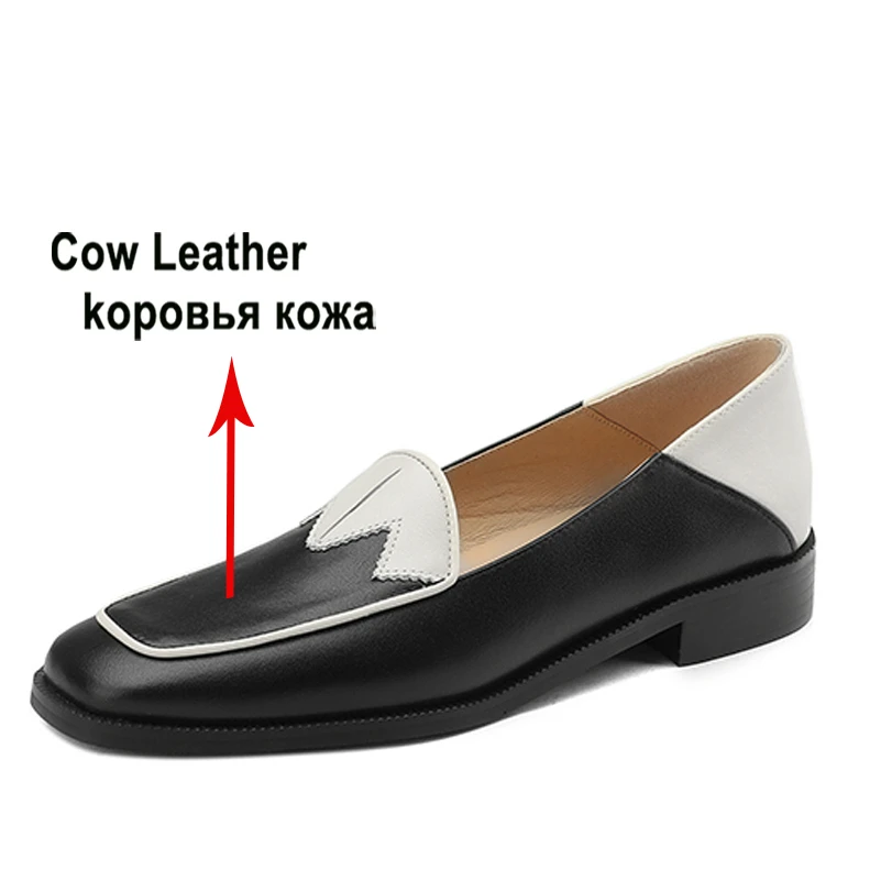 Meotina Women Genuine Leather Round Toe Flat Mixed Colors Shoes Ladies Fashion Casual Footwear Autumn Spring Green Black 40