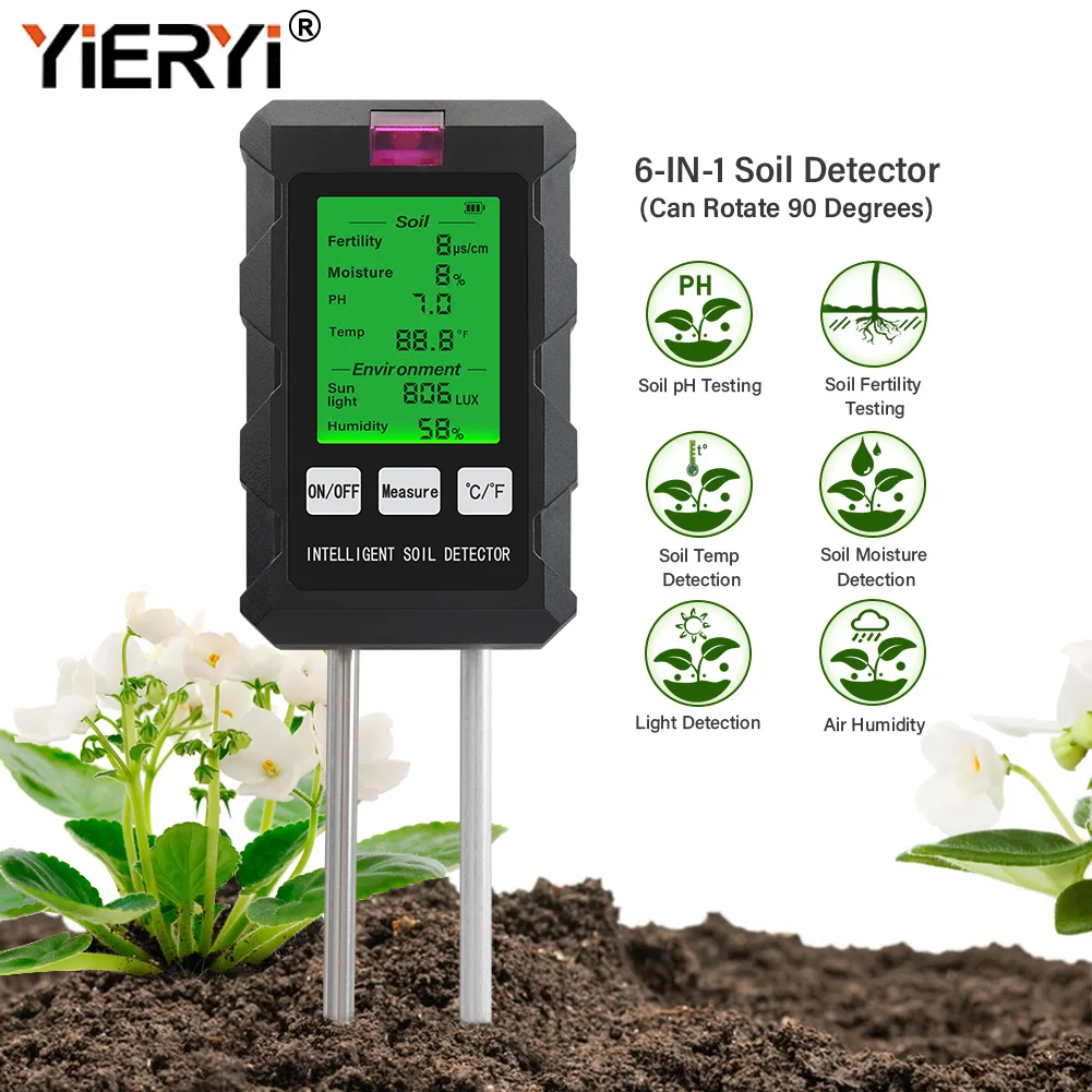 Medidor digital de ph do solo 6 em 1, fertilidade, umidade do solo, luz solar, umidade ambiente, testador de temperatura, detector de monitor,