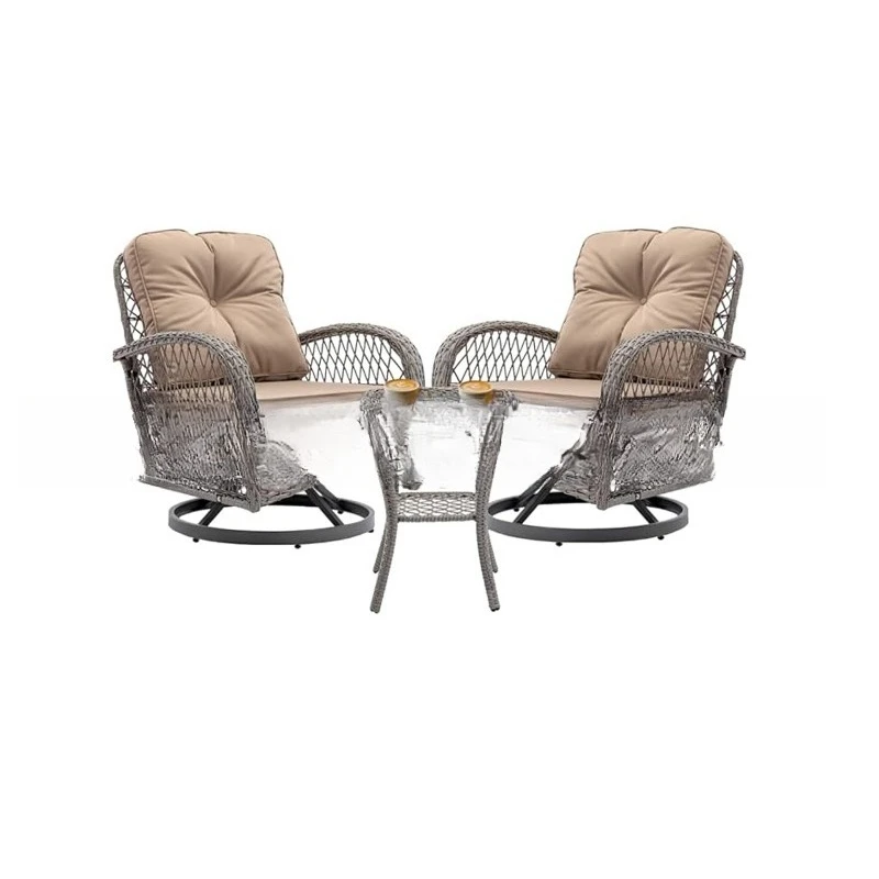 Garden Balcony Table and Chair Three-piece Set, Chair Combination Rotatable Sofa Chair Set Blue Khaki