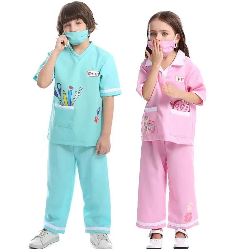 

2025Pourim unisexe enfants femme médecin infirmière vétérinaire Costume chirurgien Dr uniforme Cosplay Halloween carnaval fête