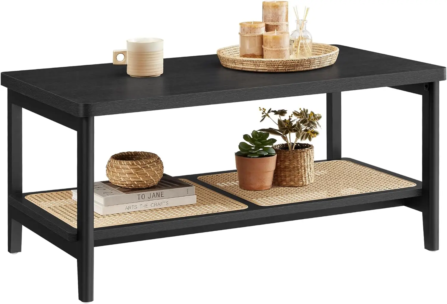 Comfort Corner 2-Tier Coffee Table for Living Room, Living Room  with PVC Rattan Storage Shelf, Rounded Corners, Easy Assembly