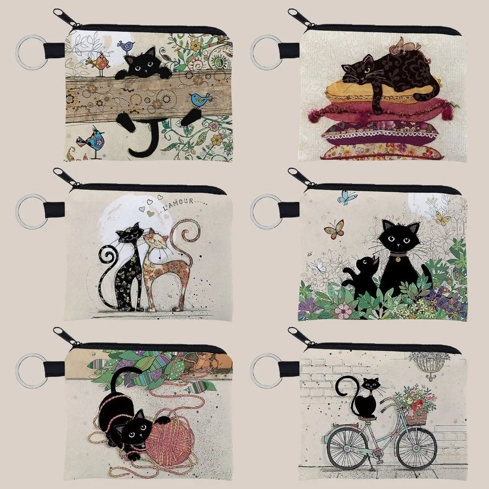Cute Cat Print Coin Purse with Zipper Square Keychain Coin Pouch Polyester Portable Small Wallet