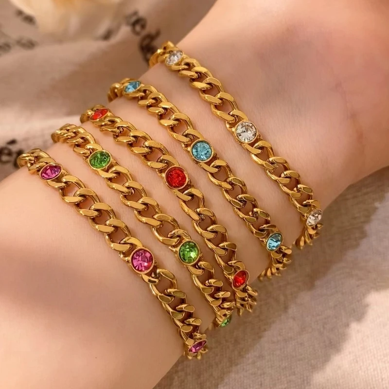 

Classic Gift Geometric Colorful Zircon Titanium Stainless Steel Pendant Plating Gold Color Cuban Link Chain Bracelet Women