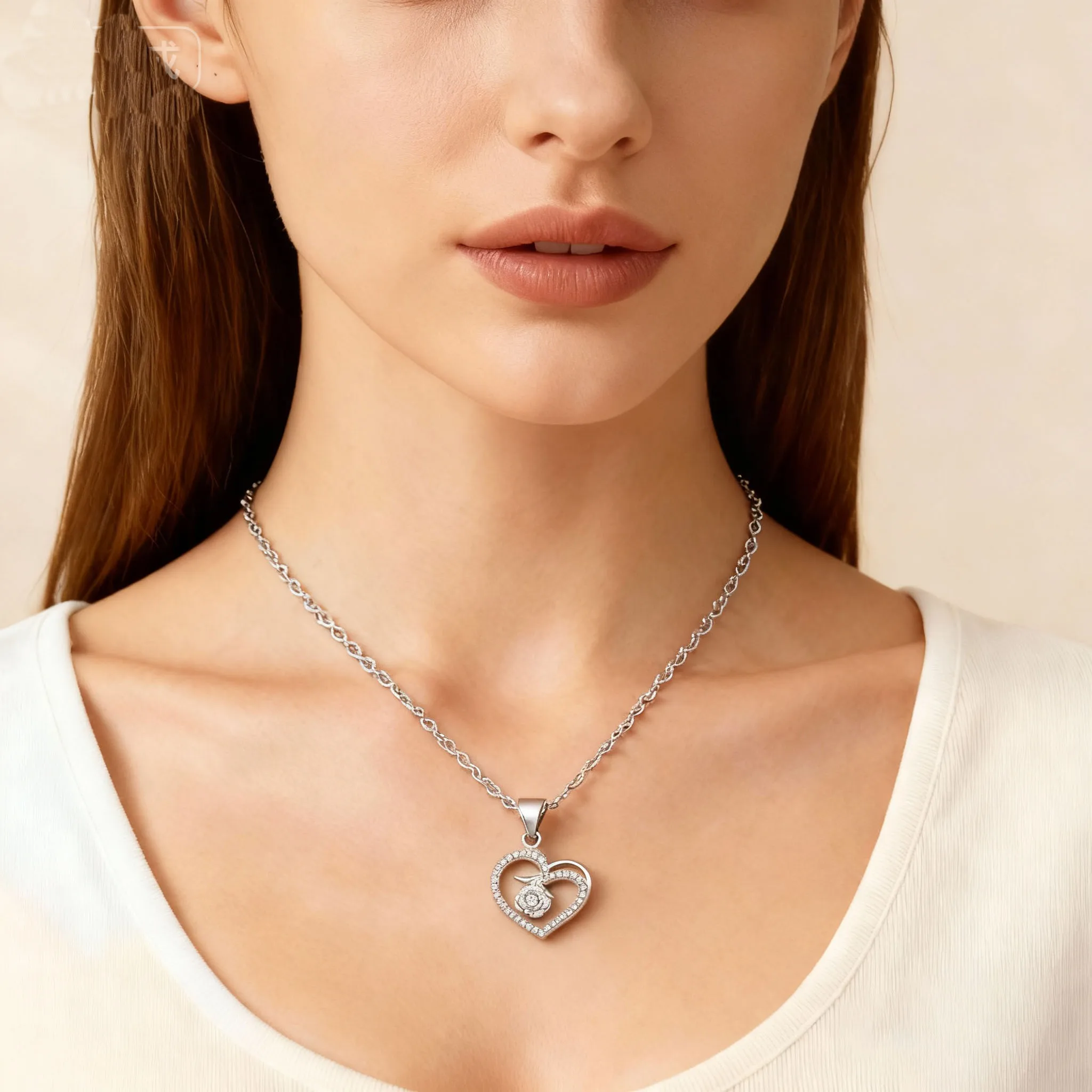 

925 Sterling Silver Heart Pendant Necklace - Double Layer Zircon Rose Design Romantic Jewelry For Women Valentine Gift