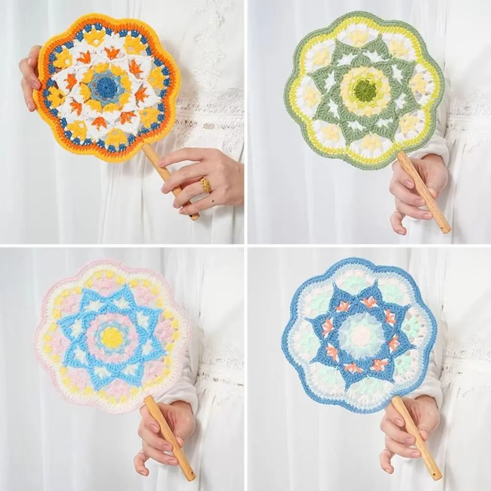 Chinese Style Yarn Crocheted Antique Style Fan Classical Handmade Hand Cranked Fan Portable Vintage Weaving Fun Gift