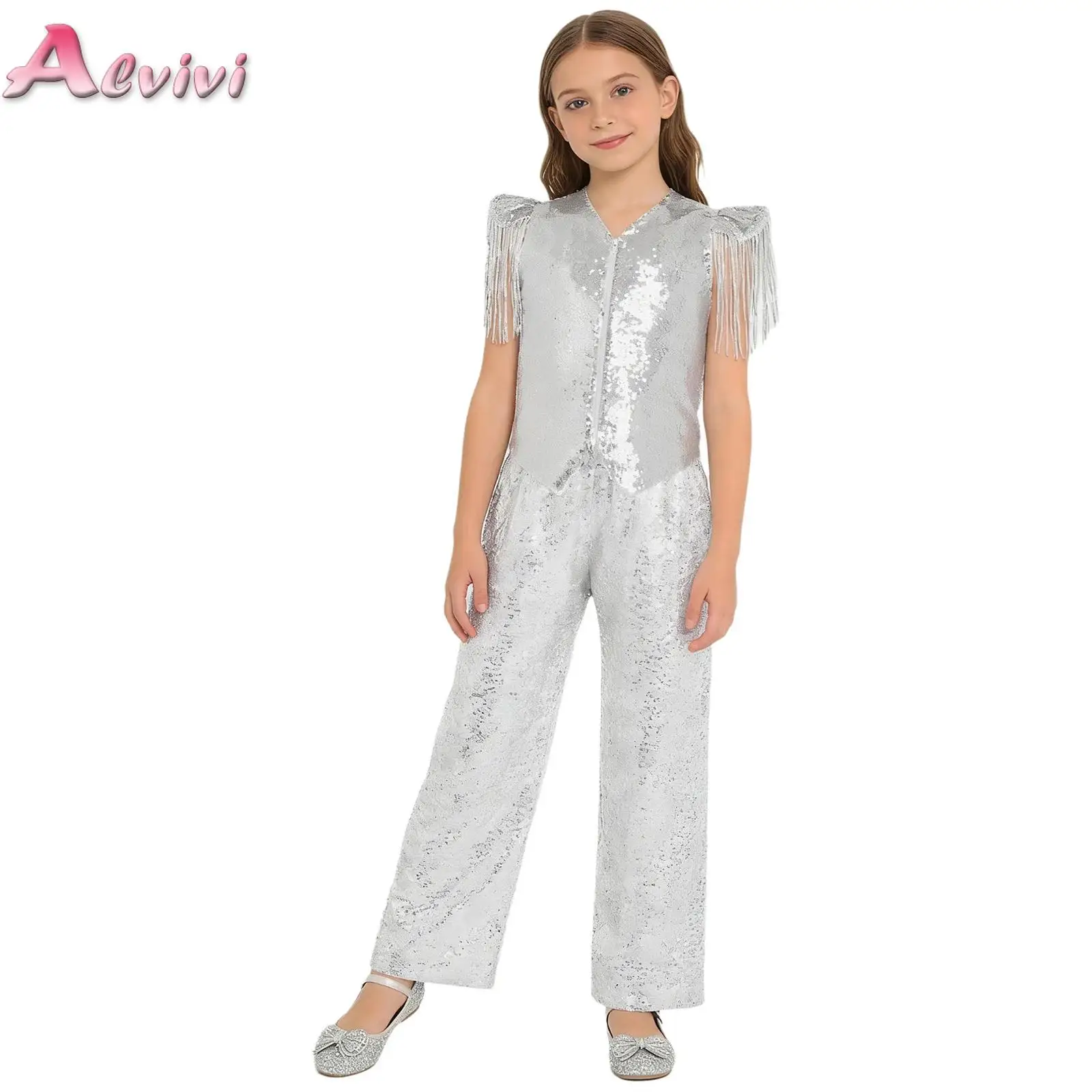 Kids Girls Sparkling Sequin Outfit Sequined Tassels Cap Sleeves Asymmetrical Zipper Metallic Vest with Pants Jazz Dance Costume