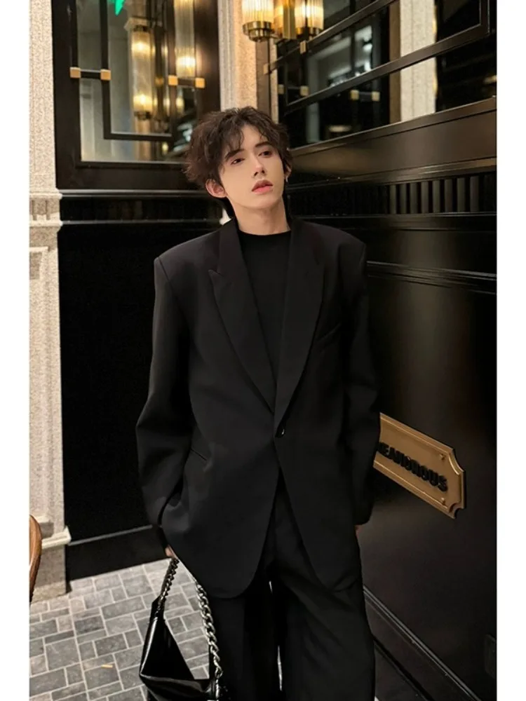 

Bla oulder Pad Suit Jaet Casual Sle Korean Trend Autumn Winter Men's Faion Thiened Long Sve Loose Fit Polyester